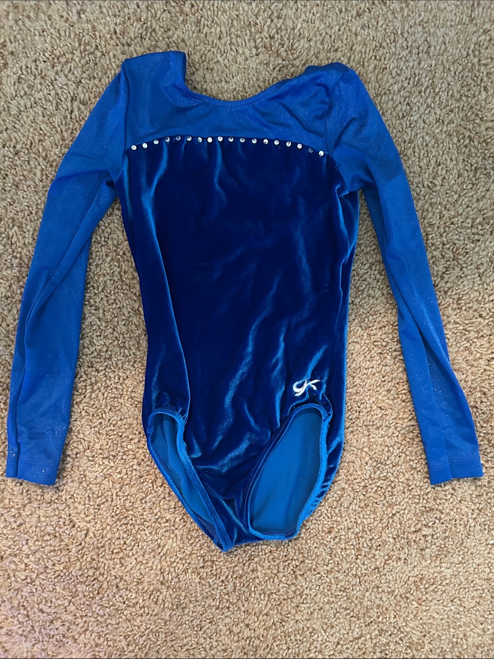 GK Royal Blue Velvet Long Sleeve Leotard with Rhinestones